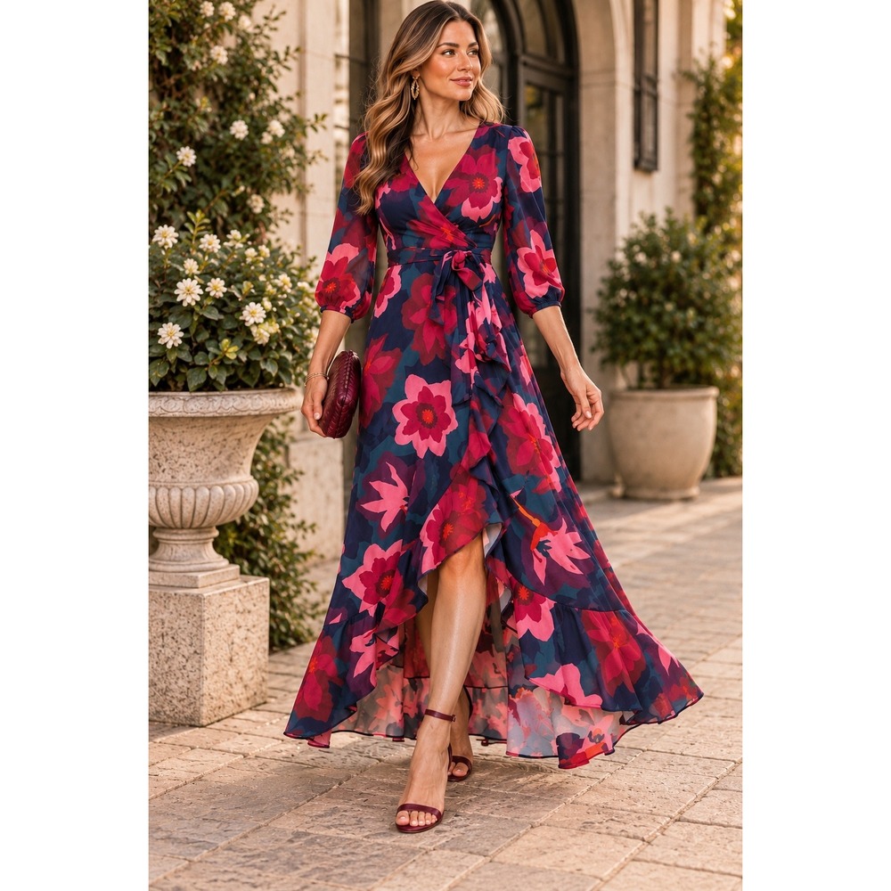 Chic Romantic Floral High Low Wrap Dress Autumn Wedding Party Boho Feminine Sz 8